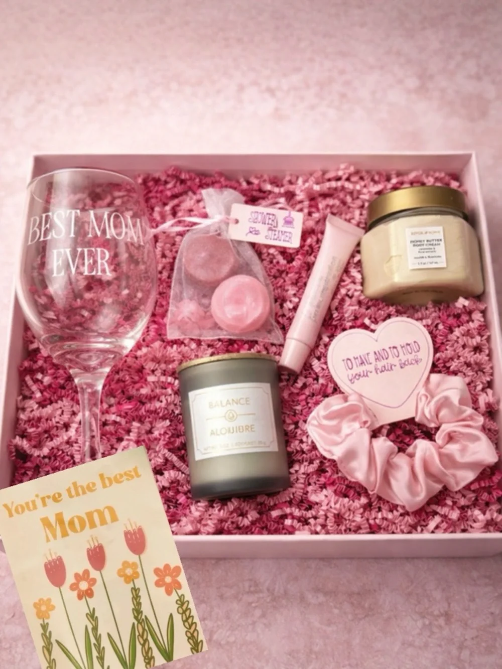 Mothers Day Gift Box for Mom Personalized Wine Glass Spa Gift Set Card